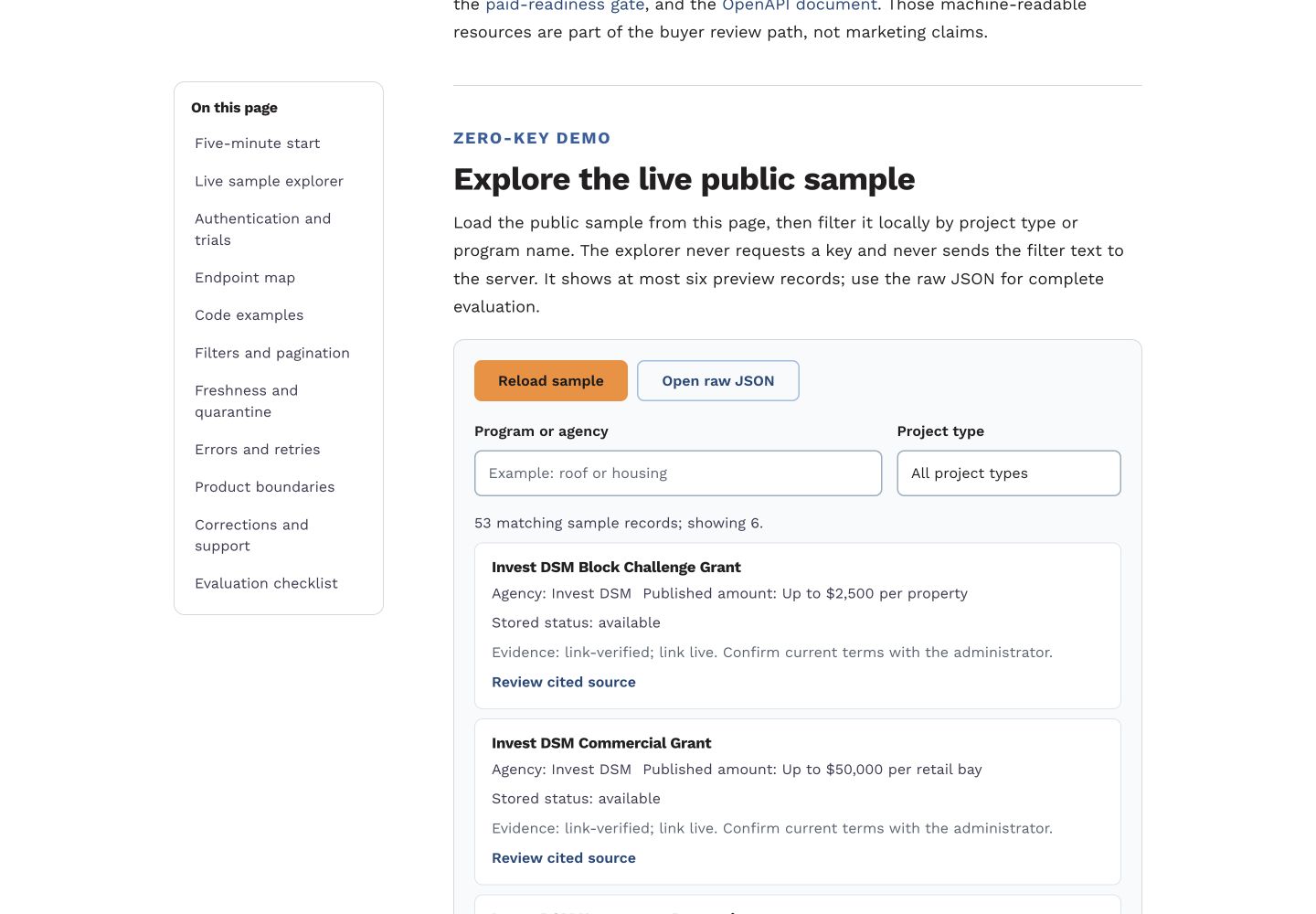 Explorador sin clave de The Grant Map con nombres de programas, administradores, importes publicados, estado de fondos, etiquetas de evidencia y enlaces a fuentes citadas